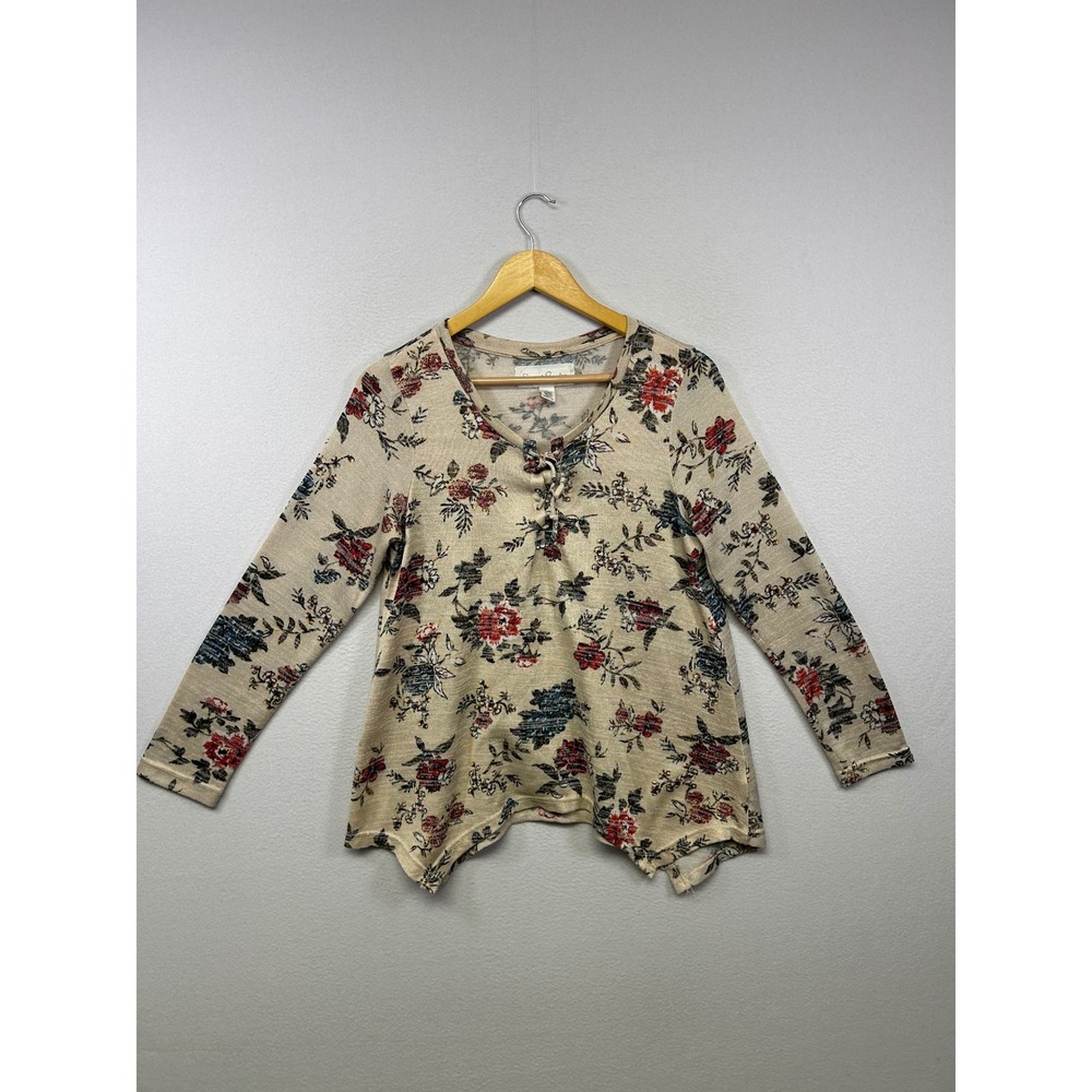 Boho Cottagecore French Laundry Womens Large Beige Floral Lace‎ Up Knit Top